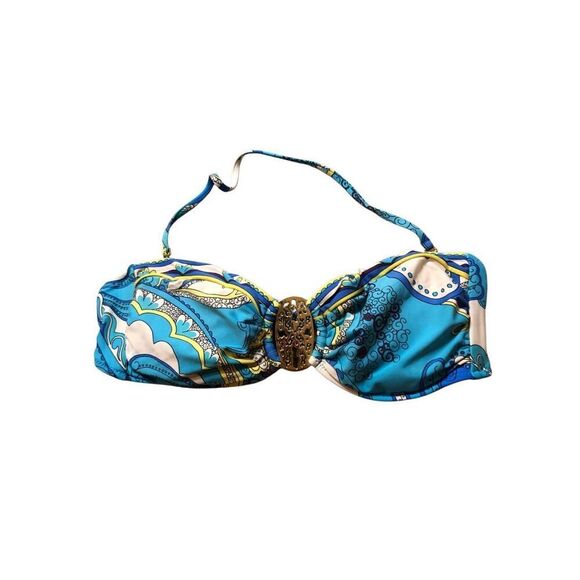 Trina Turk blue and yellow with golden accent center piece bikini top size 12 - Picture 1 of 9